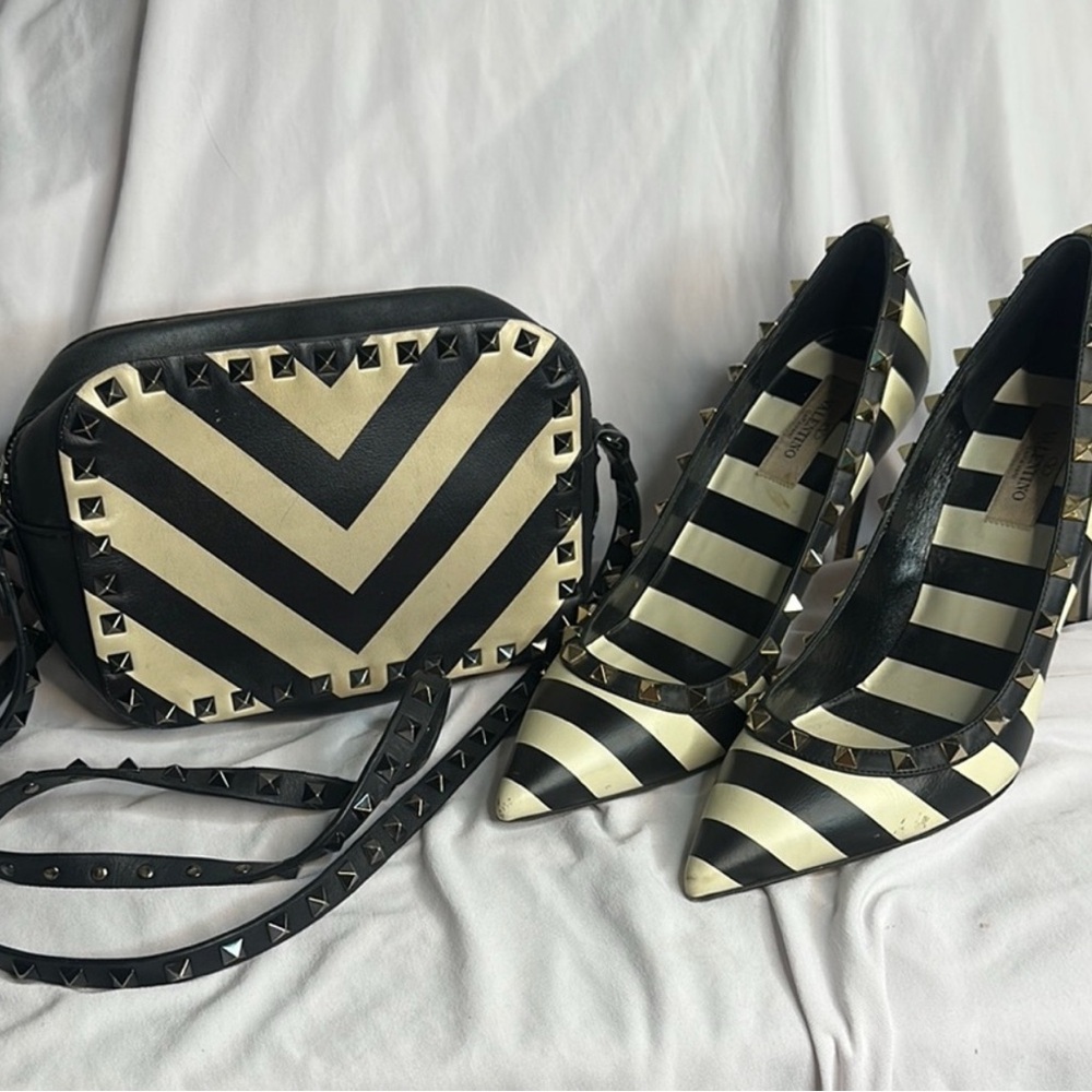 Valentino Black and White Striped Heels and Crossbody purse to match